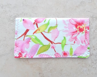 Pink Floral Checkbook Cover: Cotton Fabric Wallet, Billfold
