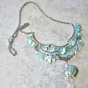 Aqua Shell Bead Bib Necklace: Lampwork Glass Pendant, Silver Chain