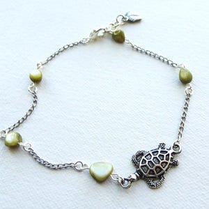 Sea Turtle Ankle Bracelet - Green Shell Bead Silver Chain Anklet-  Sea Turtle - Anklet - Boho - Beach Jewelry - Summer- Ankle Bracelet