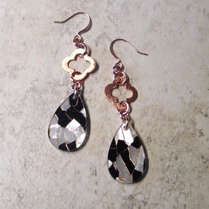 Black & White Teardrop Mosaic Bead Earrings, Copper Linked Earrings, Copper Earrings, Black and White Earrings, Boho