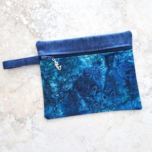 Blue Batik Fabric Zippered Small Clutch Purse, Small Clutch, Essentials Purse, Zippered Cloth Pouch, Mermaid Charm Zipper Pull