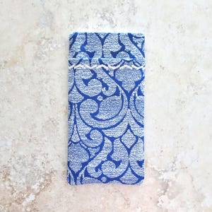 Double Eyeglass Case, Case for 2 pairs of Glasses, Sunglasses & Reader Glass Case, Blue White Ornate Scroll Fabric Glasses Case