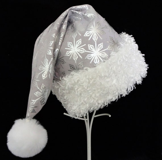 Silver Santa Hat With Silver Metallic Snowflakes Novelty Santa