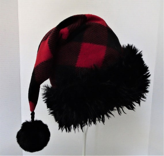 Black Red Bad Santa Hat Red Buffalo Check Fleece Fabric Santa