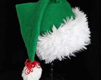 Green Fleece Santa Hat: Jingle Bells, Faux Fur Trim - Adult Size