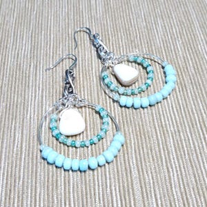 Aqua Beaded Silver Hoop Earrings, Shell Bead Earrings, Beach, Boho Earrings,  Aqua Glass Bead Earrings - Tropical Earrings