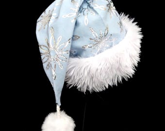 Blue Snowflake Santa Hat, Metallic Silver Glow, Fancy White Faux Fur Brim