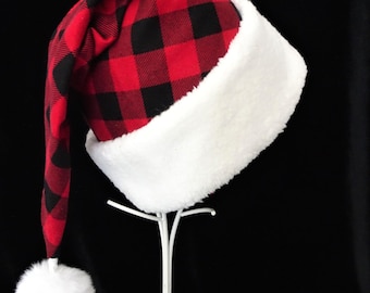 Red Buffalo Check Santa Hat, Farmhouse Adult Santa Hat, Red Plaid Santa Hat, Christmas Santa Hat, Rustic Christmas Hat, Ranch Santa Hat