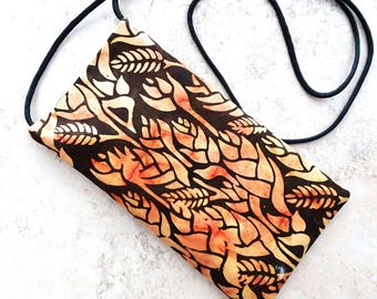 Autumn Batik Fabric Cell Phone Pouch: Neck or Crossbody Purse