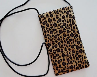 Leopard Fabric Cell Phone Pouch, Eye Glasses Pouch, Strapped Minimal Purse, Leopard Purse, Crossbody Pouch, Extra Pocket