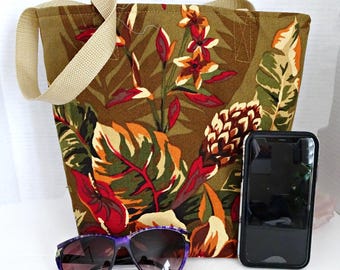 Bark Cloth Tote Bag: Brown and Red Floral Shoulder Strapped Purse