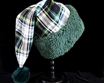 Green & Black Tartan Plaid Flannel Santa Hat, Hunter Green Faux Sherpa Fur Brim