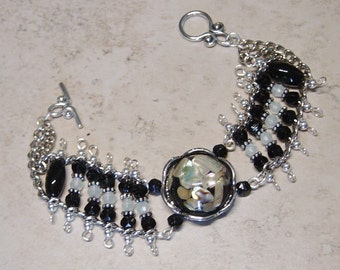Abalone Shell & Black Bead Bracelet, Silver Beaded Ladder Chain Bracelet, Boho, Art Nouveau, Beach, Cuff Bracelet, Resin Mother of Pearl