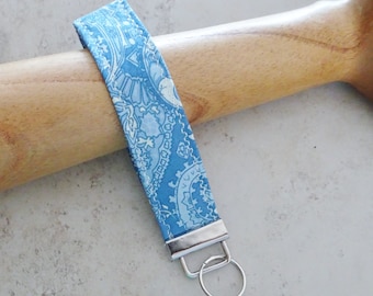 Key Fob, Blue Fabric Key Fob, Wristlet Key Fob, Key Holder, Gift for Her, Cottage Chic, Coastal, Fabric Key Ring, Wristlet