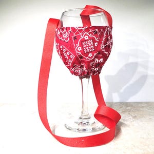Red Bandanna Wine Glass Holder Necklace, Fabric Wine Cozy, Country Western Wine Drinkers Gift, Hands Free Wine Glass Holder