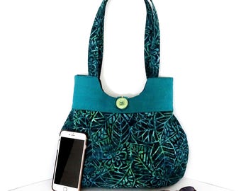 Turquoise Batik Hobo Bag: Floral Cotton Shoulder Purse