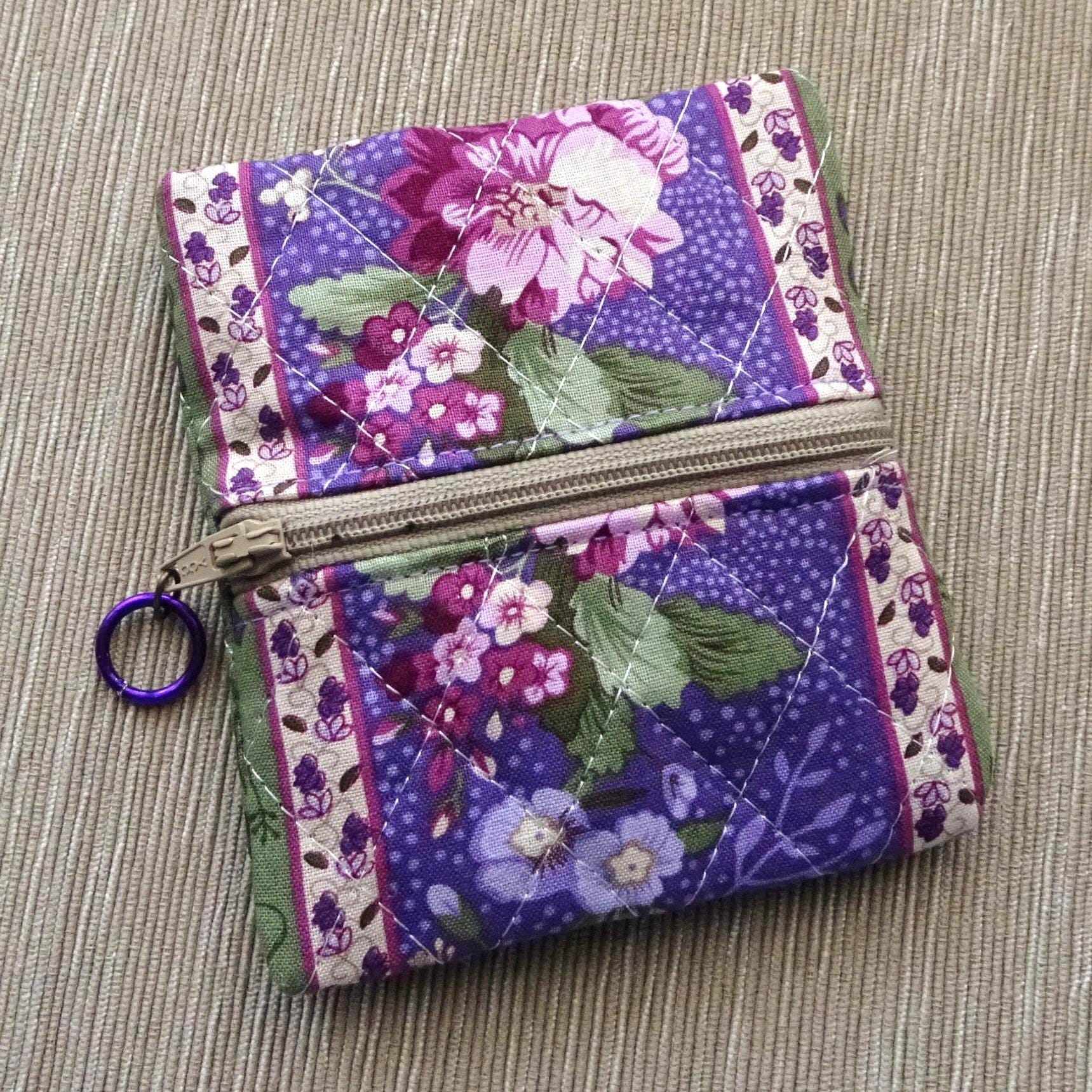 Purple Floral Fabric Zippered Pouch, Minimal Pocket Purse