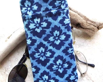 Indigo Blue Floral Double Eyeglass Case, Sunglasses & Reader Holder