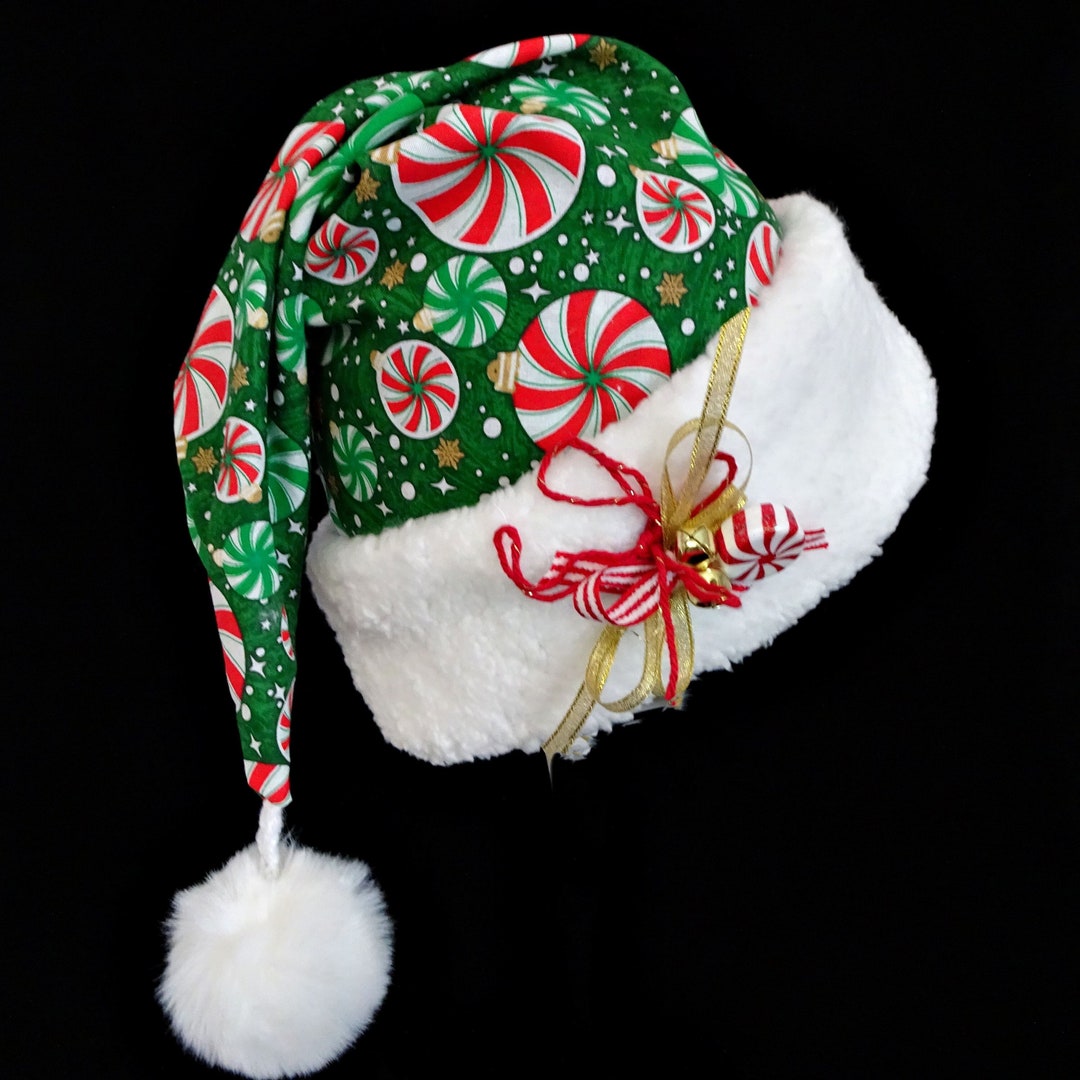 Christmas Candy Green Santa Hat, Christmas Celebration Hat, Adult Size