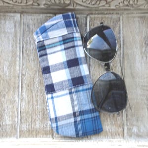 Sunglasses Case - Eyeglass Case - Madras Patchwork Blue Plaid Fabric Eyeglass Case - Preppy - Gift for Him - Eye wear Case - Madras Pouch