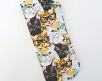 Estuche de tela con diseño de gato para gafas: soporte para gafas de sol, regalo para amantes de los gatos.