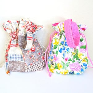 Floral Drawstring Pouch with Handle, Patchwork Fabric Bag