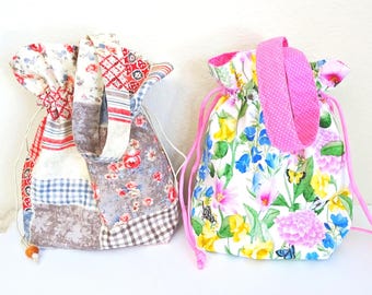 Zakje met trekkoord en handvat, bloementas, patchwork stoffen tas