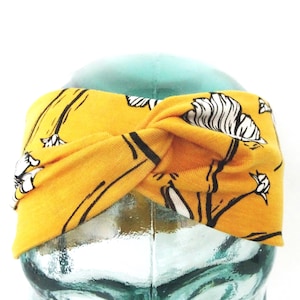 Turban Headband, Hairband, Saffron Yellow Floral Stretch Fabric Hairband, Yoga Hairband, Adult Hairband, Twist Wide Hairband, Hipster, Boho