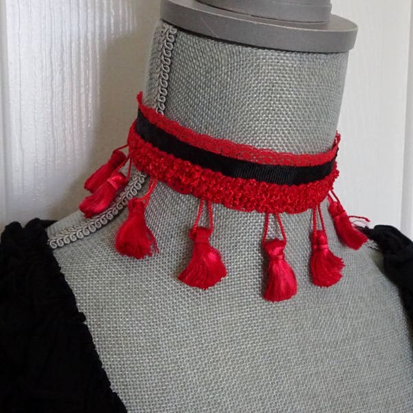 Red Tassel Choker Necklace, Old West Saloon Girl Costume Choker, Can Can Costume Choker, Halloween Choker, Burlesque, Historic Old West