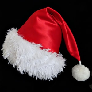 Red Santa Claus Hat, Adult Size Santa Hat, Red Satin Hat, Christmas Holiday Party Hat Holiday Hat