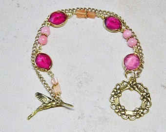 Hummingbird Bracelet, Pink Bead Gold Bracelet, Hummingbird Toggle Closure, Gold Chain Bracelet,  Beaded Bracelet, Cottage Chic