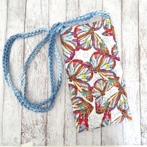 Strapped Minimal Purse, Butterfly Fabric Cell Phone Pouch, Strapped Eyeglass Pouch, Small Purse, Boho Purse for Cell Phone, Butterflies