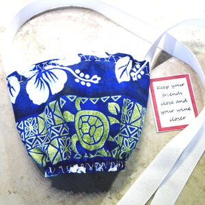 Wine Glass Holder Necklace - Blue Hawaiian Tropical Fabric - Wine Tasting Party Favor - Hostess Gift - Wine Drinkers Gift - Wine Glass Cozy