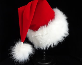 Red Velvet Classic Santa Hat, Adult Size Extra Thick White Faux Fur Trim