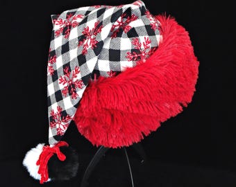 Black & White Buffalo Check Red Snowflake Santa Hat, Farmhouse Christmas Decor, Jingle Bells