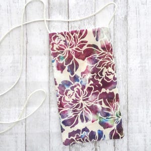 Purple Floral Batik Cell Phone Pouch: Crossbody Strapped Purse