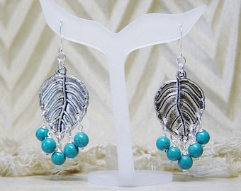 Silver Leaf Chandelier Earrings - Turquoise Bead Earrings -  Dangle Earrings - Leaf Charm Earrings - Silver Earrings - Boho - Southwestern