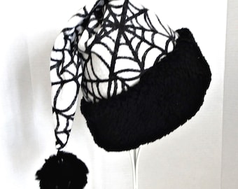 Spider Web Santa Hat, Black Fur Trim, Gothmas Halloween Christmas
