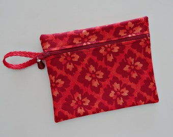 Orange & Red Block Print Fabric Zippered Minimal Clutch Purse, Small Clutch, Essentials Purse, Zippered Cloth Pouch