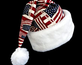 USA Flag Santa Hat: Patriotic White Faux Fur Trimmed Christmas Hat, NEW!