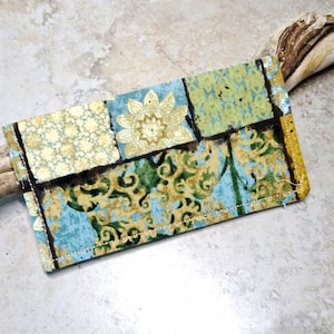 Scheckhefthülle, Scheckbuchhülle, Aqua & Gelb Blumendruck Stoff, Cottage Chic, Sonnenblumen Stoff, Geldbeutel. Karo Buch Organizer