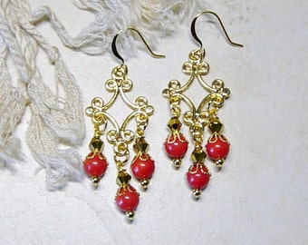 Red Coral Beaded Gold Chandelier Earrings, Victorian