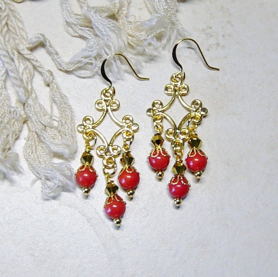 Red Coral Gold Chandelier Earrings Chandelier Earrings Gold Etsy