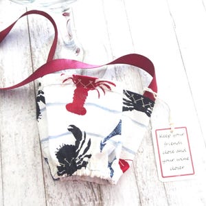 Wine Glass Holder Necklace - Nautical Fabric Wine Cozy - Wine Drinkers Gift - Hands Free Wine Glass Holder - Lobsters - Wine Party Favor