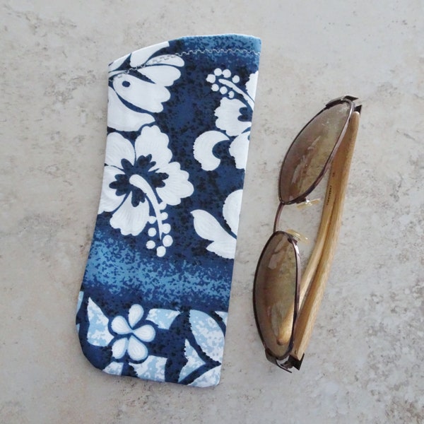Sunglasses Case, Tropical Eyeglass Case, Blue Hawaiian Tropical Hibiscus Floral Fabric Eyeglass Case, Case for Glasses, Gift for Him, Beach