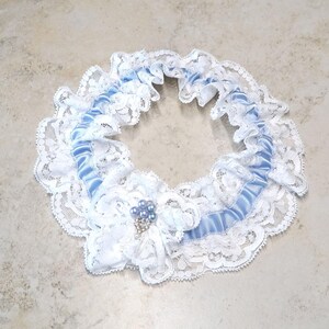 White Lace Wedding Garter - Blue Satin Ribbon Garter - Something Blue - Shower Gift for Bride - White & Blue Beaded Garter - White Wedding