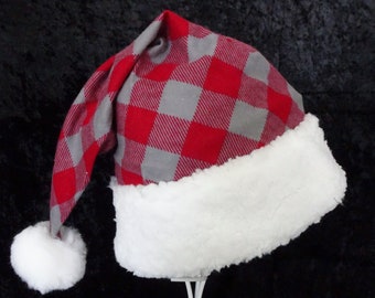 Red & Gray Buffalo Check Plaid Santa Hat, Rustic Santa Hat, Farmhouse Santa Hat, Christmas Santa Hat, Red Check Santa Hat, Christmas Hat