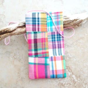 Madras Patchwork Cell Phone Purse: Pink Plaid Fabric Pouch