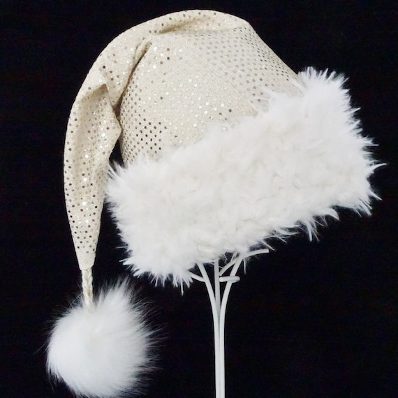 Gold Metallic Dotted Santa Hat, Faux Fur Trim, Christmas Costume
