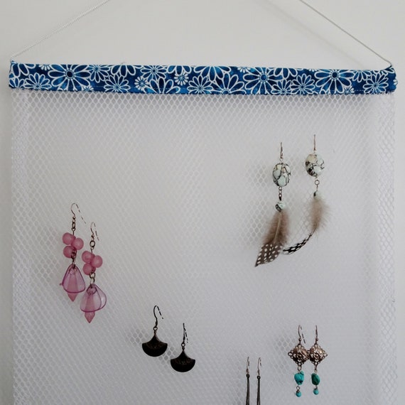 Earring Storage Wall Hanging Earring Storage Gift for Her Cottage Chic White Mesh Fabric Earring Holder Earring Organizer